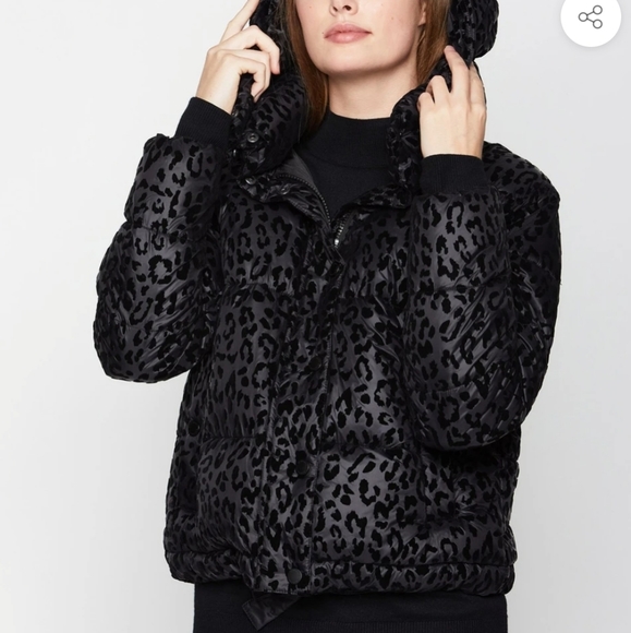 BCBG Generation Hooded Midweight Puffer Black Leopard Jacket size Small - Picture 7 of 13